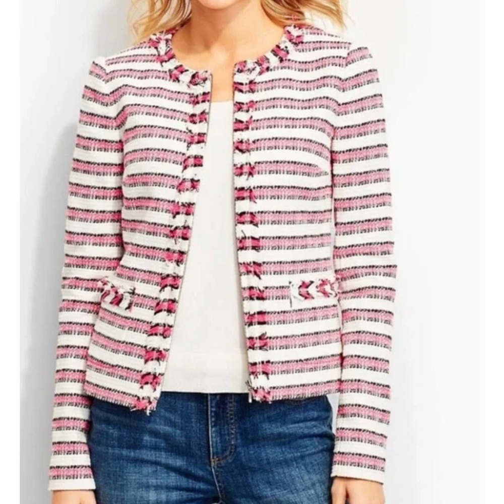 Talbots Tweed Zip Front Jacket Woman 12W Pink White Striped‎ Americana Preppy